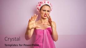  Presentation with panic - Slide deck with young beautiful woman wearing towel and bath hat after shower over pink isolated background afraid and terrified with fear expression stop gesture with hands shouting in shock panic concept background and a coral colored foreground