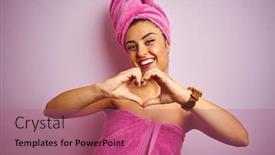  Presentation with heart hands - Colorful presentation theme enhanced with young beautiful woman wearing towel after shower over isolated pink background smiling in love showing heart symbol and shape with hands romantic concept backdrop and a coral colored foreground