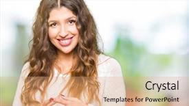  Presentation with more stone cross all things work together - Audience pleasing PPT theme consisting of young beautiful woman wearing white backdrop and a coral colored foreground