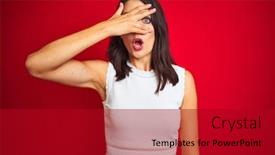  Presentation with eyes - Presentation design featuring young beautiful woman wearing white dress standing over red isolated background peeking in shock covering face and eyes with hand looking through fingers with embarrassed expression background and a crimson colored foreground