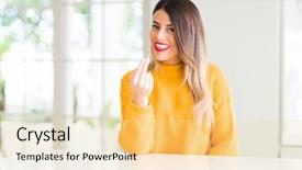  Presentation with winter - Slide deck consisting of young beautiful woman wearing winter sweater at home beckoning come here gesture with hand inviting happy and smiling background and a blonde colored foreground