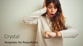  Presentation with winter - Amazing slide deck having young beautiful woman wearing winter sweater standing over white isolated background looking at the watch time worried afraid of getting late backdrop and a coral colored foreground