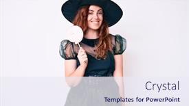  Presentation with lollipop - Audience pleasing slide deck consisting of young-beautiful-woman-wearing-witch backdrop and a sky blue colored foreground
