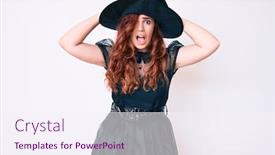  Presentation with woman hands open - Colorful PPT layouts enhanced with young-beautiful-woman-wearing-witch backdrop and a sky blue colored foreground