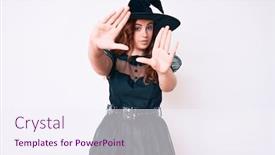  Presentation with halloween frame - Audience pleasing PPT theme consisting of young-beautiful-woman-wearing-witch backdrop and a sky blue colored foreground