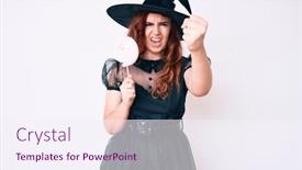  Presentation with lollipop - Cool new PPT theme with young-beautiful-woman-wearing-witch backdrop and a sky blue colored foreground