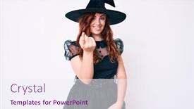  Presentation with happy halloween card - Presentation theme consisting of young-beautiful-woman-wearing-witch background and a sky blue colored foreground