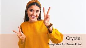  Presentation with yellow - Beautiful slides featuring young beautiful woman wearing yellow sweater and diadem over isolated white background smiling looking to the camera showing fingers doing victory sign number two backdrop and a gold colored foreground