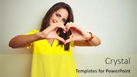  Presentation with romantic love - Amazing presentation theme having young beautiful woman wearing yellow t-shirt standing over white isolated background smiling in love showing heart symbol and shape with hands romantic concept backdrop and a yellow colored foreground