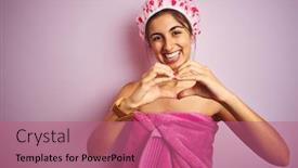  Presentation with heart love - Audience pleasing presentation theme consisting of young beautiful woman wearing a shower towel after bath over pink isolated background smiling in love showing heart symbol and shape with hands romantic concept backdrop and a coral colored foreground