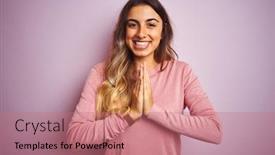  Presentation with praying hands - PPT theme enhanced with young-beautiful-woman-wearing background and a coral colored foreground