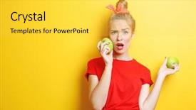  Presentation with apples dragonfruit - Audience pleasing slides consisting of young beautiful woman with apples backdrop and a yellow colored foreground