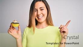  Presentation with cupcake - Presentation theme featuring young-beautiful-woman-with-blue background and a blonde colored foreground