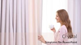  Presentation with curtains - PPT theme consisting of young beautiful woman with cup of coffee standing near curtains at home background and a lemonade colored foreground