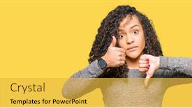 Presentation with conflict - Beautiful theme featuring young beautiful woman with curly hair wearing grey sweater doing thumbs up and down disagreement and agreement expression crazy conflict backdrop and a yellow colored foreground