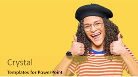  Presentation with win - Amazing slide deck having young beautiful woman with curly hair wearing glasses and fashion beret success sign doing positive gesture with hand thumbs up smiling and happy looking at the camera with cheerful expression win backdrop and a yellow colored foreground