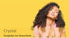  Presentation with forgiveness - Colorful presentation design enhanced with young beautiful woman with curly hair wearing pink t-shirt begging and praying with hands together with hope expression on face very emotional and worried asking for forgiveness religion concept backdrop and a yellow colored foreground