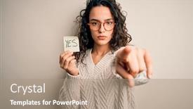  Presentation with yes - Amazing PPT theme having young-beautiful-woman-with-curly backdrop and a coral colored foreground