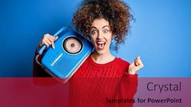  Presentation with vintage radio - Beautiful PPT layouts featuring young-beautiful-woman-with-curly backdrop and a crimson colored foreground