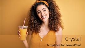  Presentation with healthy juice - Cool new PPT theme with young-beautiful-woman-with-curly backdrop and a gold colored foreground