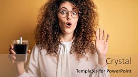  Presentation with drinking glass - PPT theme having young-beautiful-woman-with-curly background and a coral colored foreground