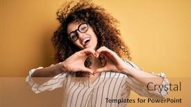  Presentation with hands the shape of a heart - Theme featuring young-beautiful-woman-with-curly background and a coral colored foreground