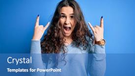  Presentation with blue music - Presentation design featuring young-beautiful-woman-with-curly background and a teal colored foreground