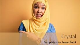  Presentation with forefinger - Colorful slide set enhanced with young-beautiful-woman-with-curly backdrop and a yellow colored foreground