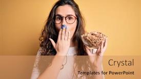  Presentation with corn flakes - Slide deck having young-beautiful-woman-with-curly background and a coral colored foreground