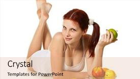  Presentation with white healthy food - PPT layouts featuring young beautiful woman with fruits on a white background healthy food concept background and a coral colored foreground