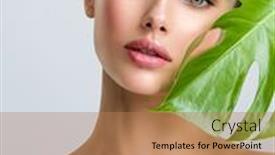  Presentation with leave - Presentation theme consisting of young-beautiful-woman-with-green background and a coral colored foreground