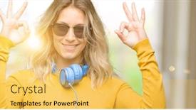  Presentation with relaxation - Colorful PPT theme enhanced with young beautiful woman with headphones doing ok sign gesture with both hands expressing meditation and relaxation backdrop and a yellow colored foreground