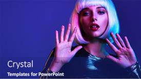  Presentation with glamour - Beautiful PPT theme featuring young-beautiful-woman-with-lifted backdrop and a navy blue colored foreground