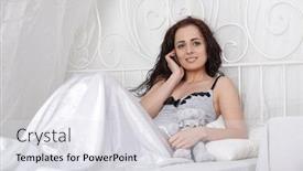  Presentation with phone - Presentation design consisting of young-beautiful-woman-with-mobile background and a sky blue colored foreground