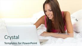  Presentation with beautiful young woman getting face - Cool new presentation theme with young beautiful woman with notebook in bed backdrop and a sky blue colored foreground