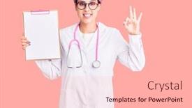  Presentation with medical clipboard - PPT theme featuring young-beautiful-woman-with-pink background and a lemonade colored foreground
