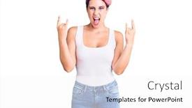  Presentation with rock star - PPT theme consisting of young-beautiful-woman-with-pink background and a white colored foreground