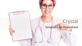  Presentation with clipboard stethoscope - PPT layouts consisting of young-beautiful-woman-with-pink background and a lemonade colored foreground