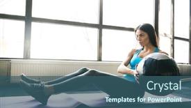  Presentation with gym ball - PPT theme with young beautiful woman working out with fit ball on yoga mat at gym background and a ocean colored foreground