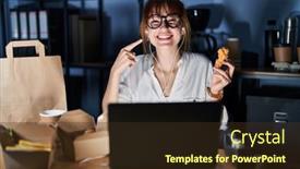  Presentation with food delivery - Presentation theme enhanced with young-beautiful-woman-working-using background and a  colored foreground