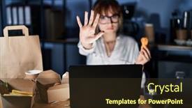  Presentation with food delivery - Presentation with young-beautiful-woman-working-using background and a tawny brown colored foreground