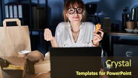  Presentation with food delivery - Presentation design consisting of young-beautiful-woman-working-using background and a tawny brown colored foreground