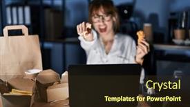  Presentation with food delivery - PPT theme featuring young-beautiful-woman-working-using background and a wine colored foreground