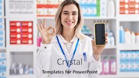  Presentation with pharmacy - Slide set having young-beautiful-woman-working background and a  colored foreground
