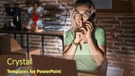  Presentation with speaking - Slide deck with young-beautiful-woman-working background and a tawny brown colored foreground