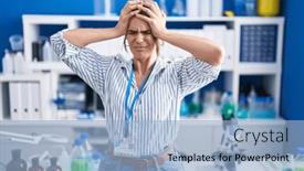  Presentation with migraine - PPT theme with young-beautiful-woman-working background and a light blue colored foreground