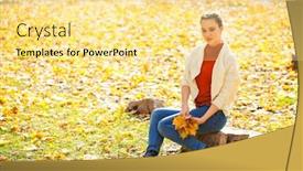  Presentation with maple leaves - PPT theme having young beautiful woman with a wreath of maple leaves on her head posing with autumn park background and a blonde colored foreground