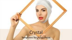  Presentation with chest - Audience pleasing PPT theme consisting of young beautiful woman with a gauze bandage on her head and chest holding a frame isolated on white backdrop and a coral colored foreground