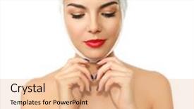  Presentation with chest - Presentation theme featuring young beautiful woman with a gauze bandage on her head and chest isolated on white background and a coral colored foreground