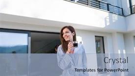  Presentation with villa - Amazing PPT theme having young beautiful woman in a bathrobe enjoying morning coffee in front of her luxury home villa backdrop and a light blue colored foreground
